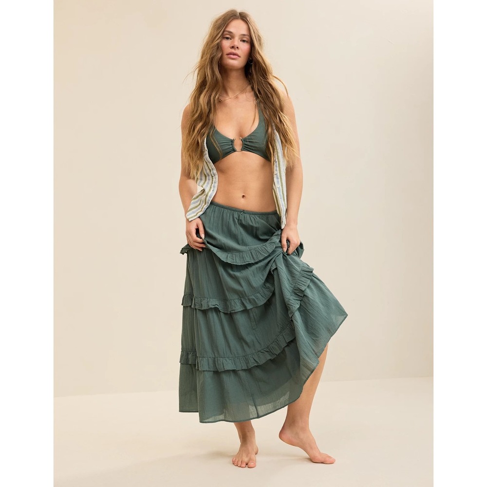 Aerie Tiered Maxi Skirt Olive Green XL New With Tags